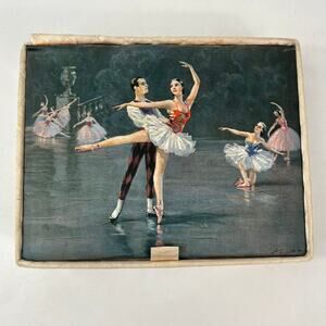 Vintage Quilted Satin Ballet Dancer Jewelry Box August Albo Print Lid 9.5"x7.5"